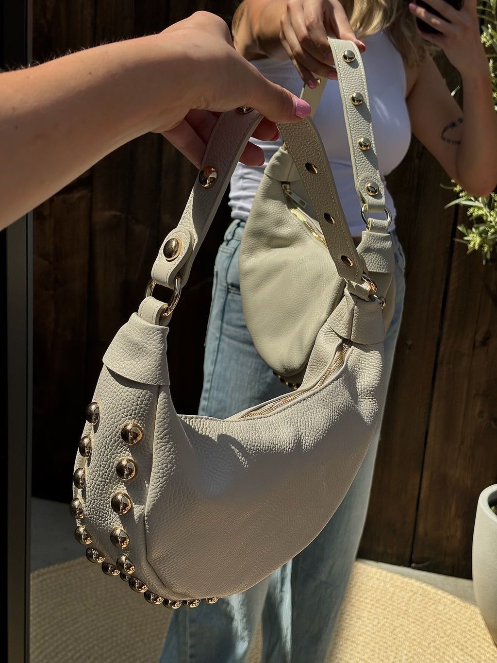 Shoulder Bag Beige with Studs