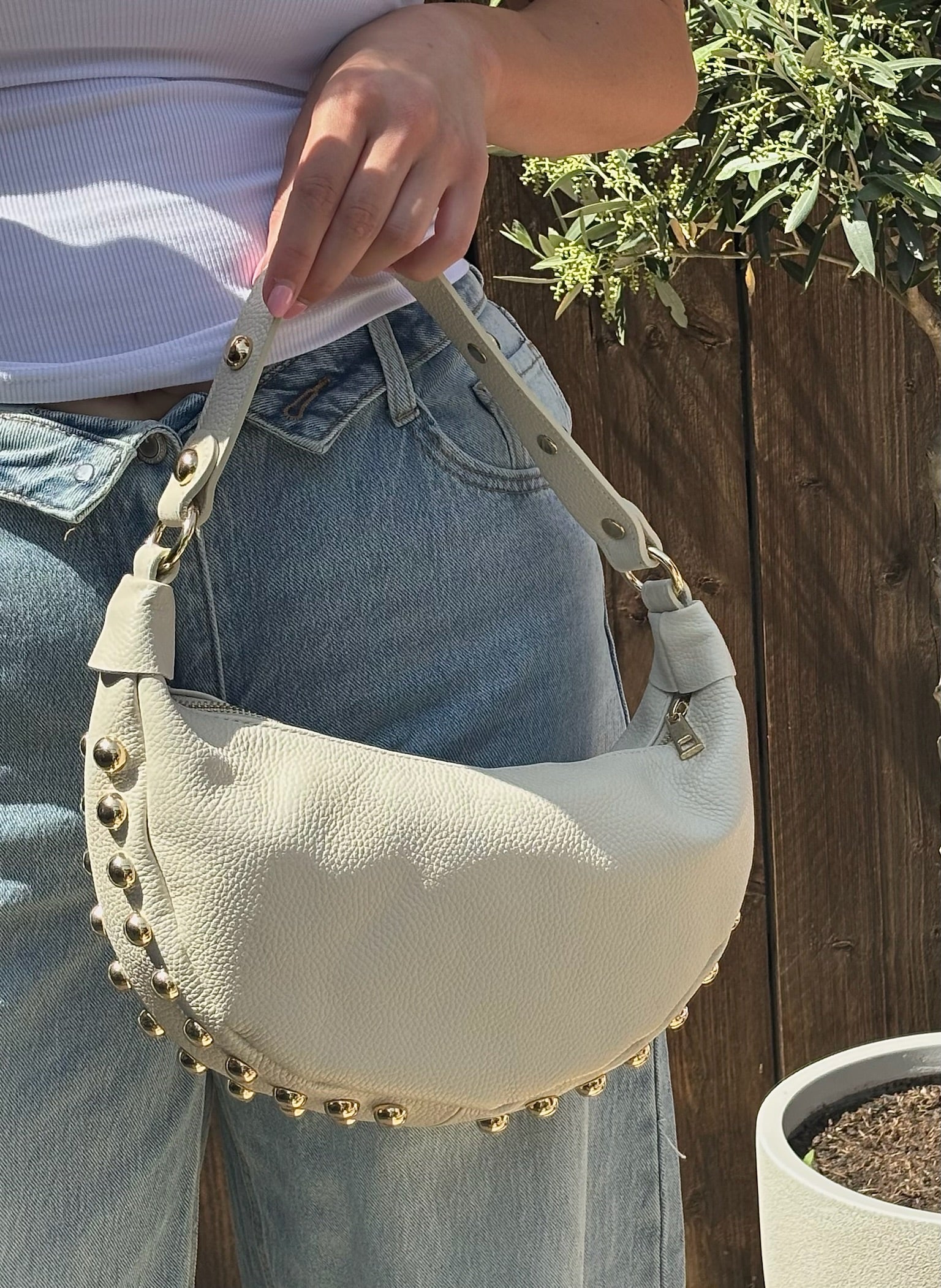 Shoulder Bag Beige with Studs